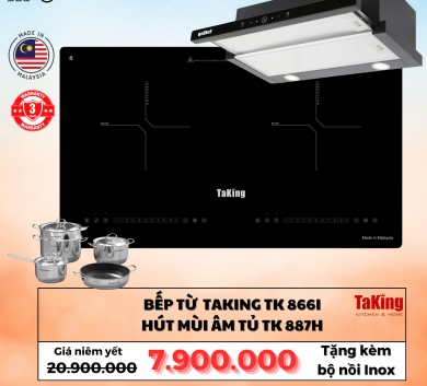 COMBO BẾP TỪ TAKING TK866I + HÚT MÙI TK887H + BỘ NỒI INOX