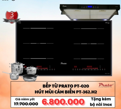 COMBO BẾP TỪ PRATO PT020 + HÚT MÙI PT-362H2 + BỘ NỒI INOX