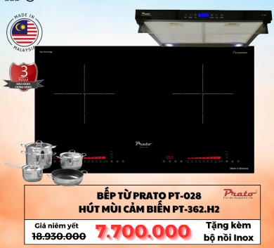COMBO BẾP TỪ PRATO PT028 + HÚT MÙI PT-362H2 + BỘ NỒI INOX